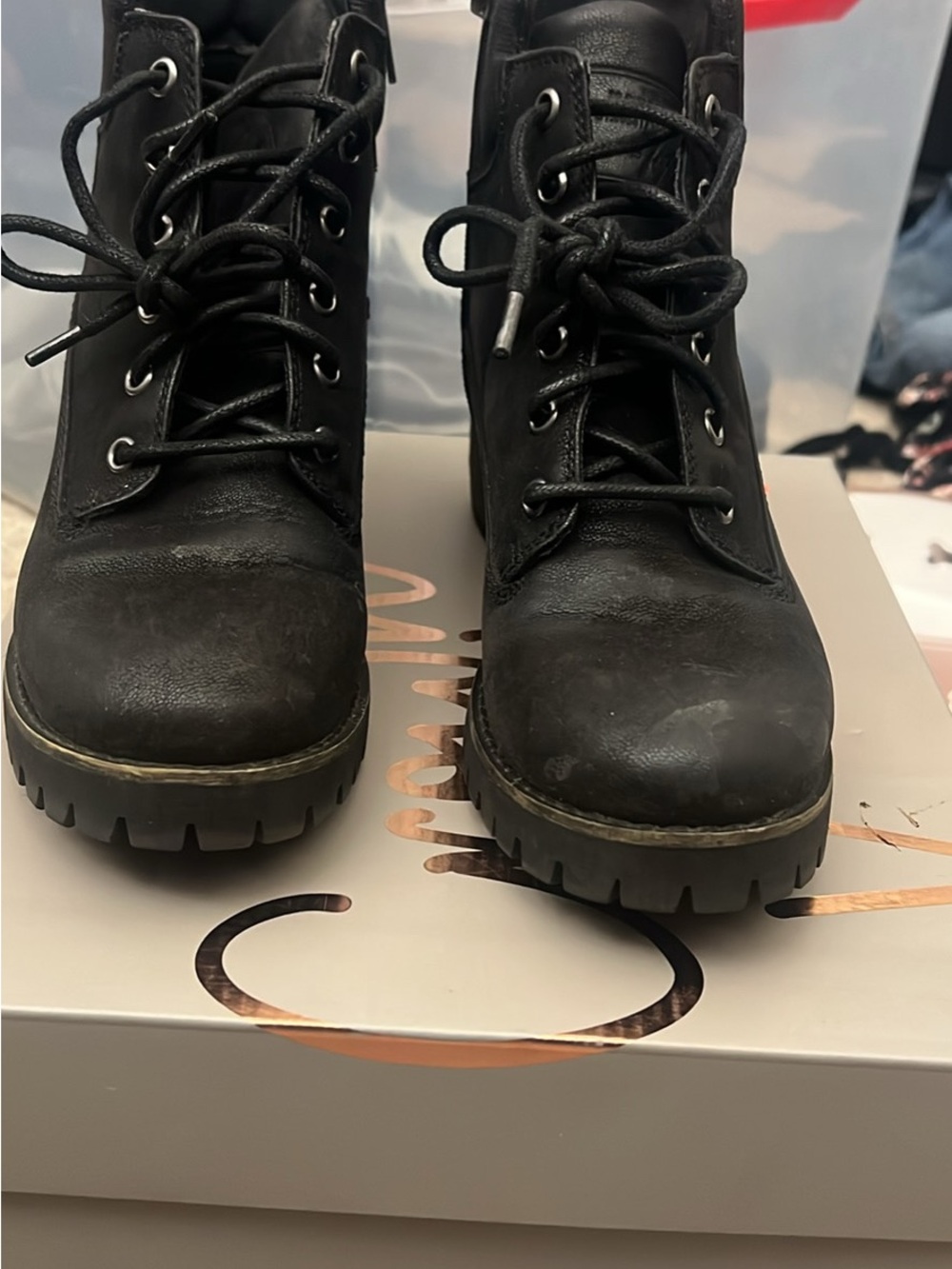 Crown Vintage Black Lace-Up Lug Ankle Booties
